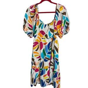 Tabitha Brown Target Linen Blend Puff Sleeve Midi Dress Colorful Print L Linen